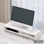 Modern white wooden monitor stand with shelves on a desk, display screen on top