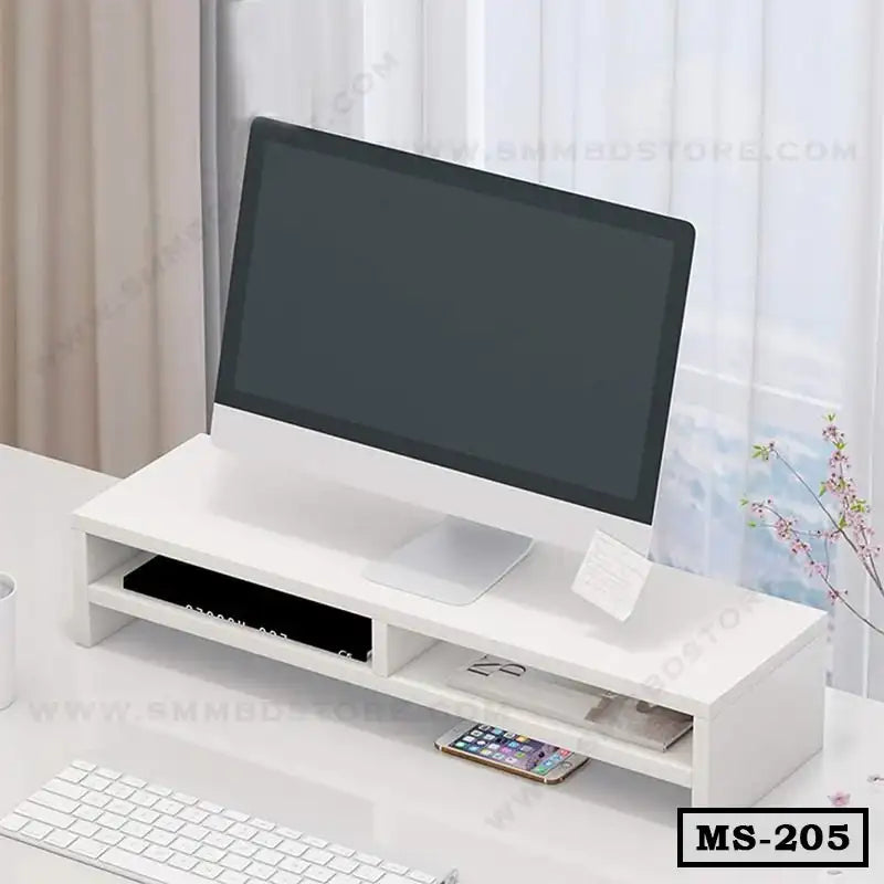 Modern white wooden monitor stand with shelves on a desk, display screen on top