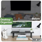 Before and after of a tidy desk using a black monitor stand desktop organizer with drawers, plants, and lamp.