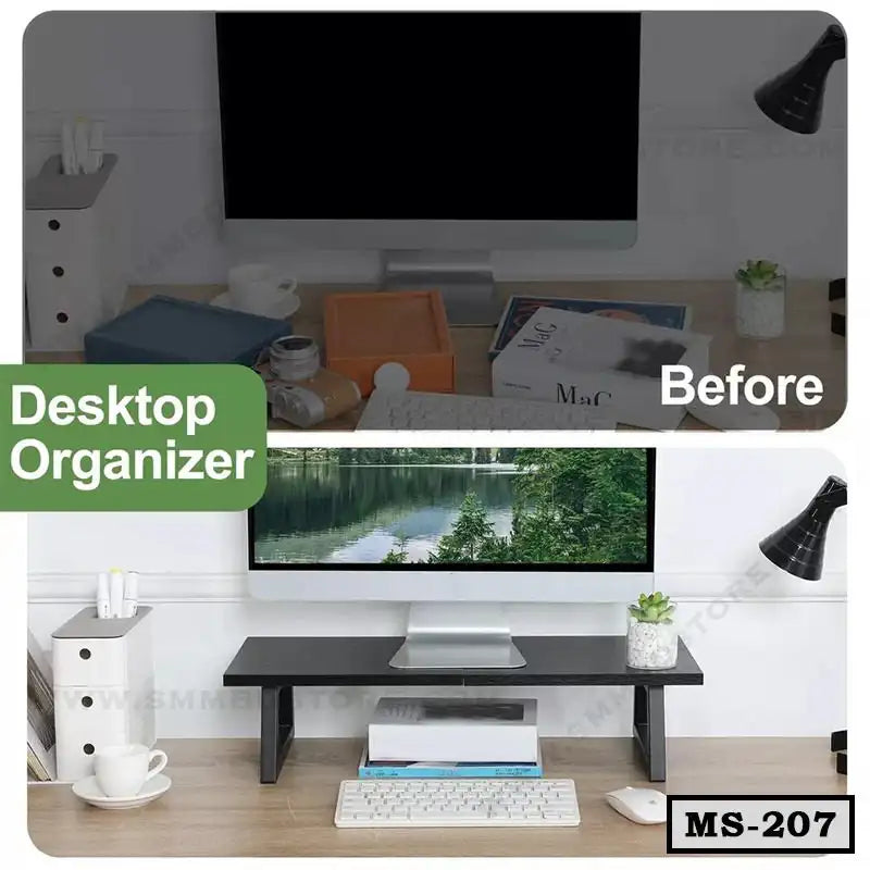 Before and after of a tidy desk using a black monitor stand desktop organizer with drawers, plants, and lamp.