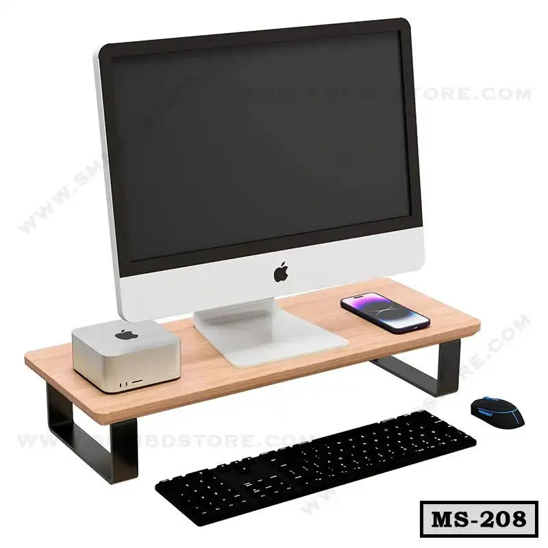Wooden monitor stand with metal legs holding computer, smartphone, and accessories for desk organization
