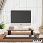 Wooden monitor stand with computer, office accessories, and decor on modern desk