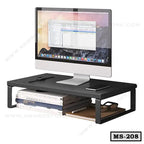 Modern black monitor stand with computer, books, and accessories for desk organization