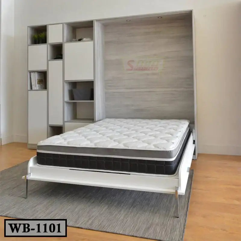 Modern Murphy wall bed with mattress and built-in shelving unit in a minimalist room Main image
