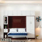 Modern wall bed with built-in storage cabinets, shelves, and a fold-out double bed in a bright room.