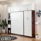 Modern white Murphy wall bed with storage cabinets in a well-lit living room