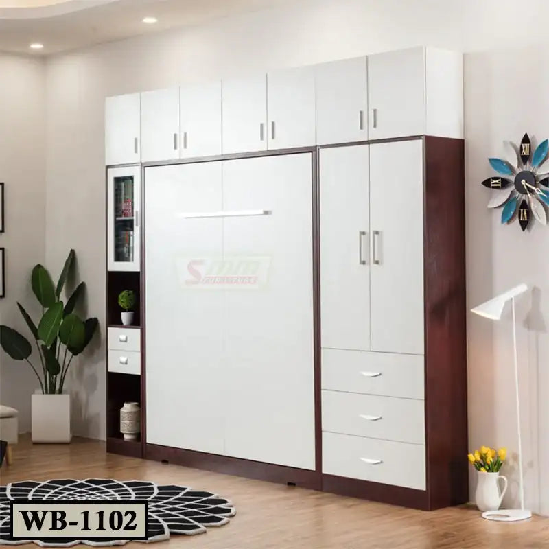 Modern white Murphy wall bed with storage cabinets in a well-lit living room