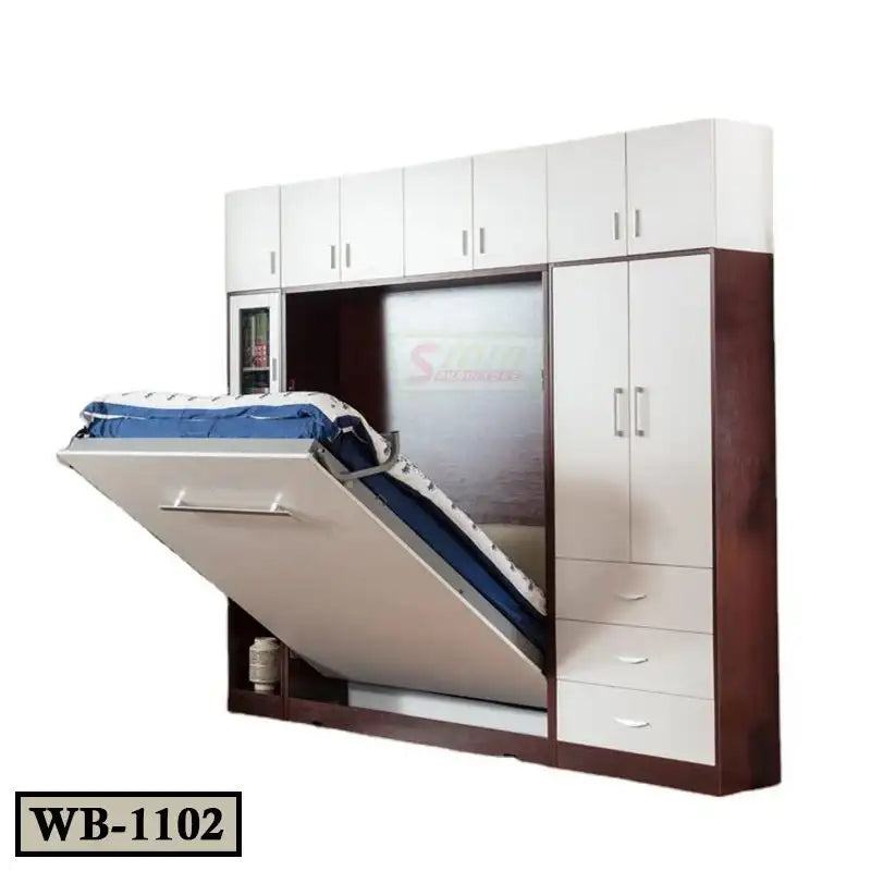 Modern Murphy wall bed WB-1102 with white cabinets and blue bedding, space-saving furniture design.