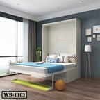 Modern bedroom with Murphy wall bed WB-1103, blue bedding, wood floor, and large window