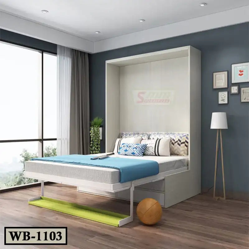 Modern bedroom with Murphy wall bed WB-1103, blue bedding, wood floor, and large window
