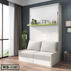 Modern murphy wall bed with gray sofa, storage drawers, and bookshelf in a stylish living room
