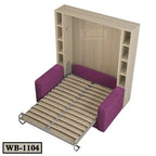 Murphy wall bed with wooden frame, built-in shelves, and purple upholstery