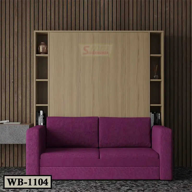 Modern murphy wall bed with built-in shelves and a purple sofa in a contemporary room Main image