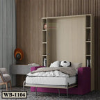 Modern Murphy wall bed with shelves, purple sofa, and contemporary bedroom decor