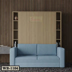 Modern Murphy wall bed with light wood panel and blue sofa in a living room