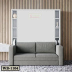 Modern gray Murphy wall bed with integrated sofa, bookshelves, and wood panel backdrop