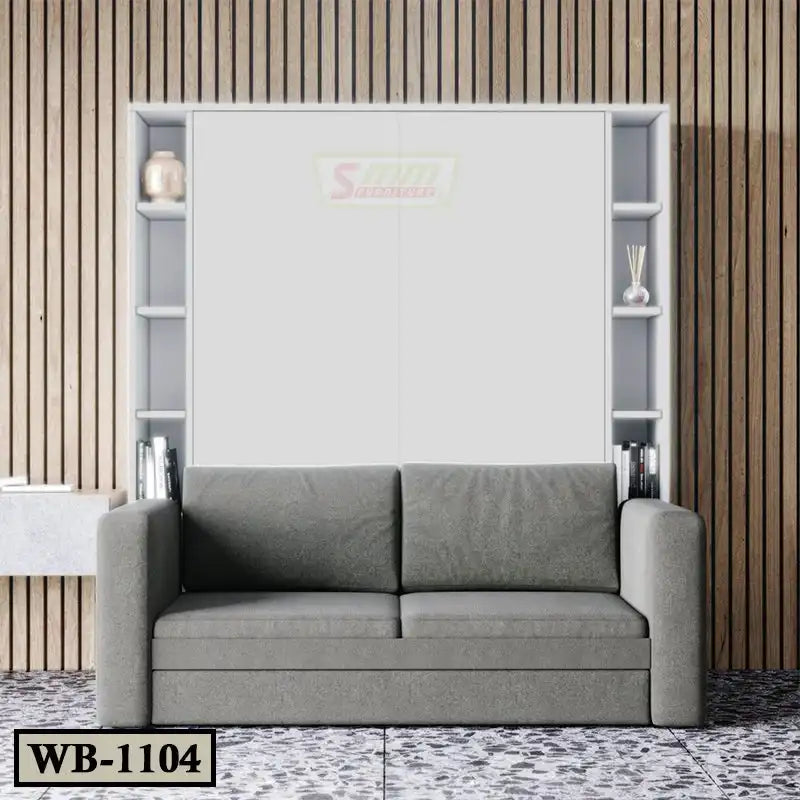 Modern gray Murphy wall bed with integrated sofa, bookshelves, and wood panel backdrop