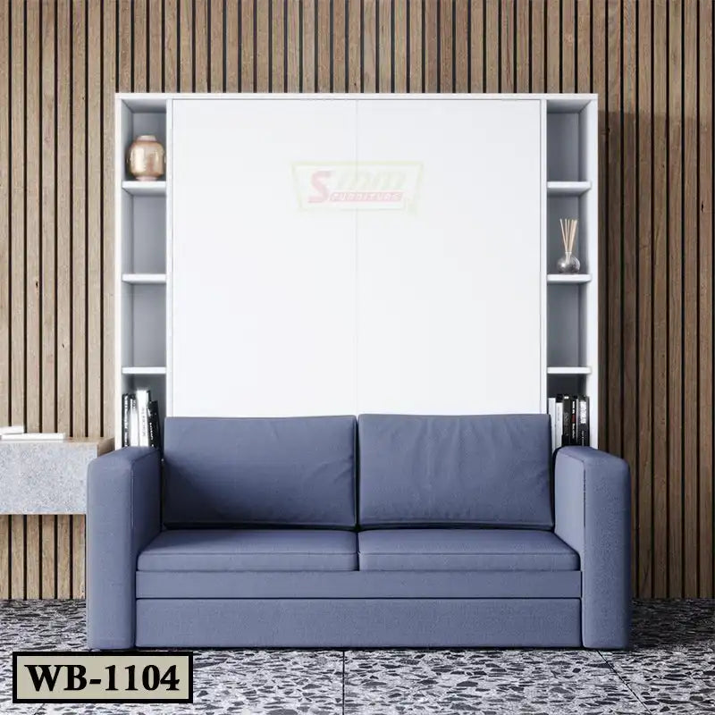 Modern Murphy wall bed with blue sofa, built-in shelves, and wood panel background