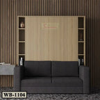 Modern Murphy wall bed with light wood panel, built-in side shelves, and grey sofa in a contemporary living room