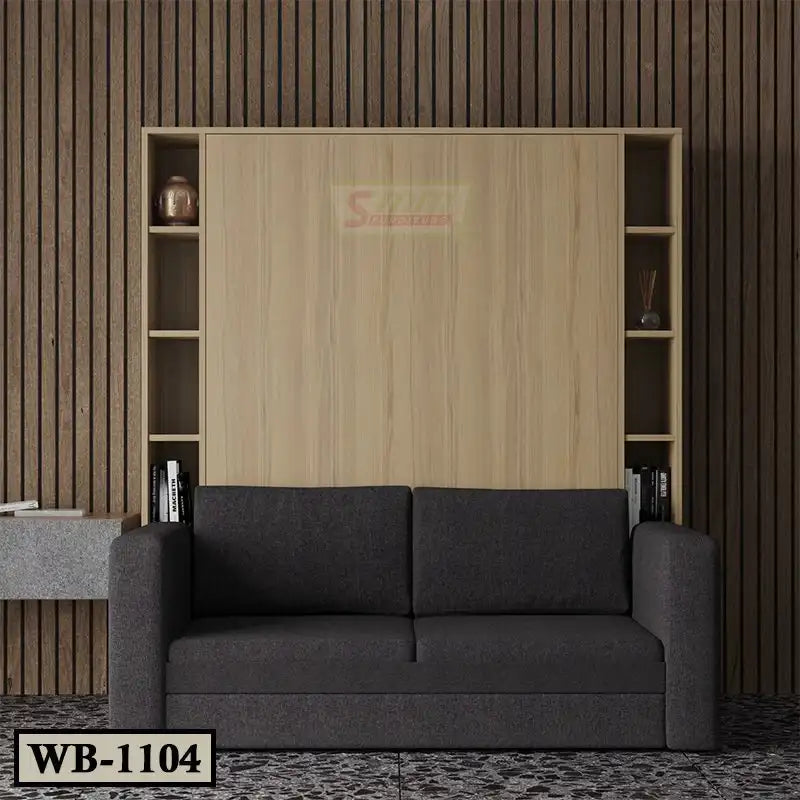 Modern Murphy wall bed with light wood panel, built-in side shelves, and grey sofa in a contemporary living room