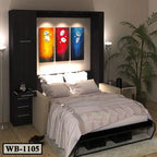 Modern Murphy wall bed with white bedding, dark wood frame, and colorful wall art in bedroom