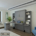 Modern gray Murphy wall bed with desk and shelves in a home office setup