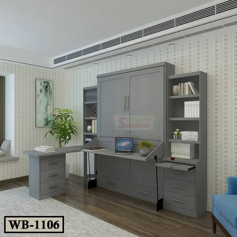 Modern gray Murphy wall bed with desk and shelves in a home office setup