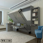 Modern gray Murphy wall bed with built-in desk and shelves in a home office setting