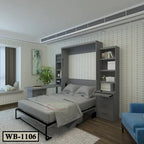 Modern bedroom with gray Murphy wall bed, built-in shelves, and desk in a cozy setting