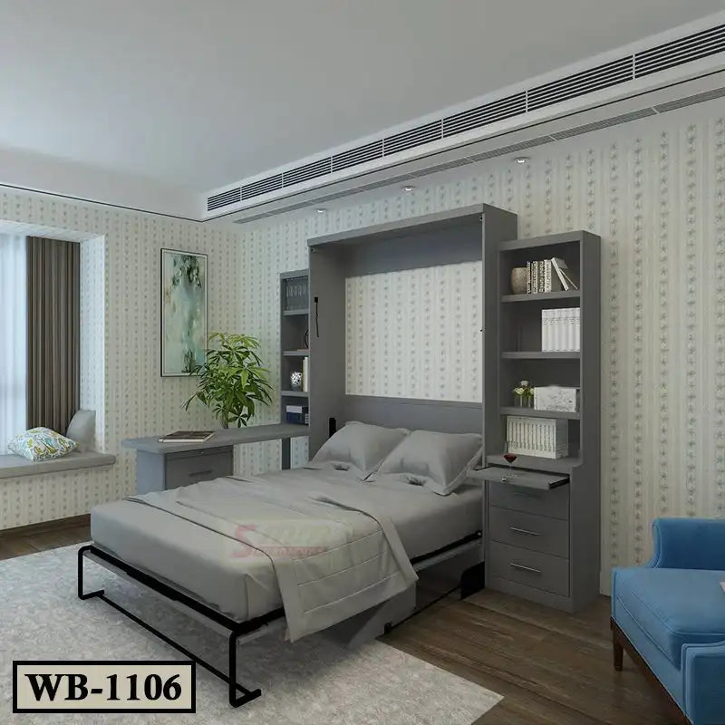 Modern bedroom with gray Murphy wall bed, built-in shelves, and desk in a cozy setting