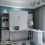 Modern white Murphy wall bed with integrated desk, bookshelves, and drawers in a home office
