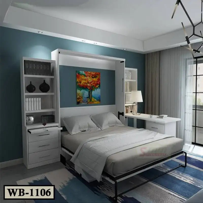Modern bedroom with Murphy wall bed, built-in shelves, desk, and contemporary decor Main image