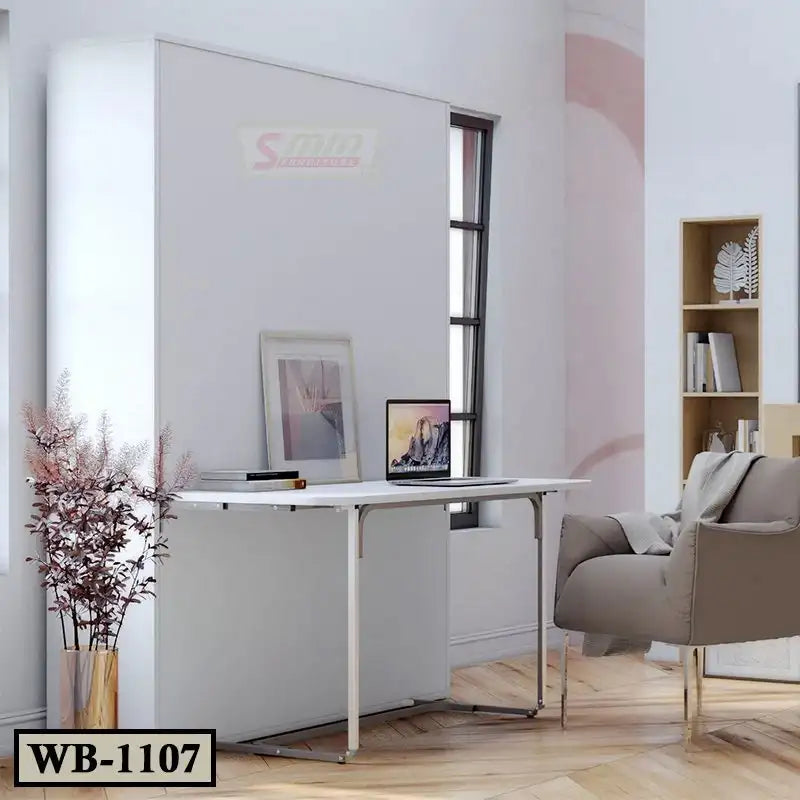 White Murphy wall bed with fold-down desk in a modern home office setting
