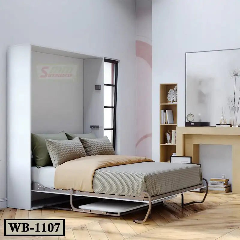 Modern white Murphy wall bed WB-1107 in stylish bedroom with wood flooring Main image