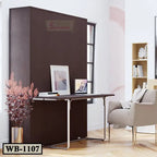 Modern home office with brown Murphy wall bed, fold-down desk, armchair, and decor
