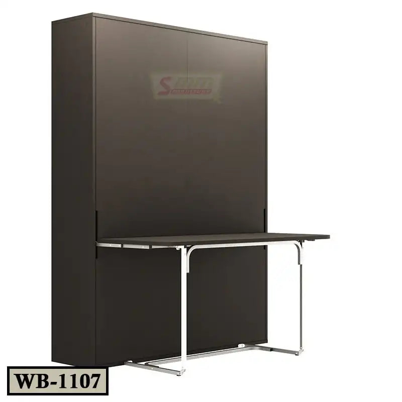 Modern dark brown Murphy wall bed with foldable table and metal legs, model WB-1107.