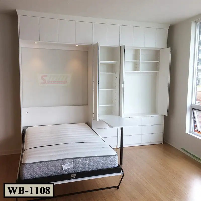 White Murphy wall bed with open storage cabinets, shelves, drawers, and fold-down table in a modern bedroom Main image