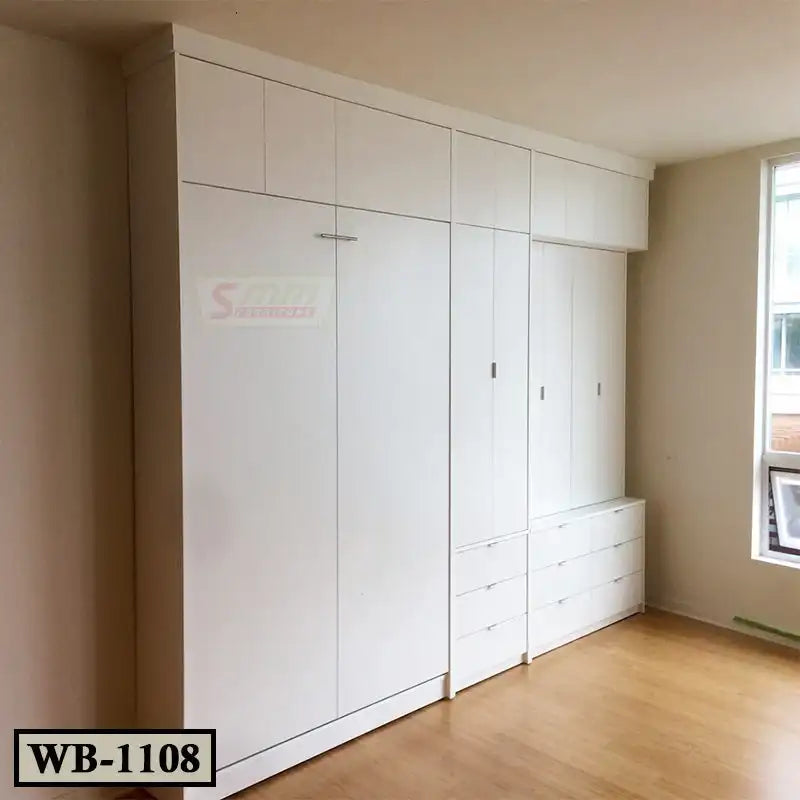 Modern white Murphy wall bed with built-in closets and drawers in a bright bedroom.