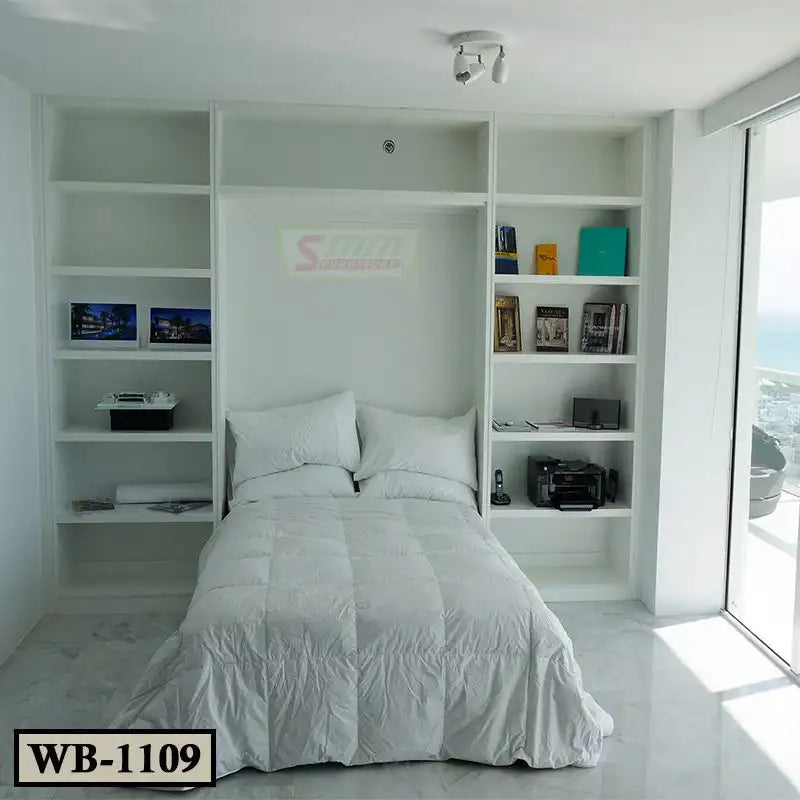 Modern white murphy wall bed with built-in shelves in a bright bedroom with sea view Main image