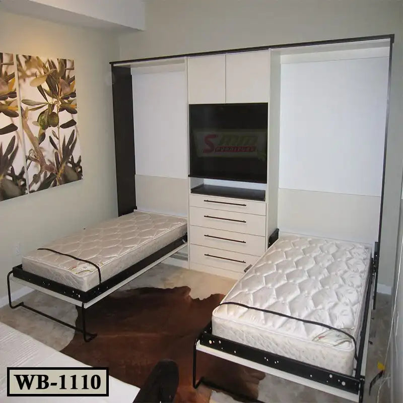 Twin Murphy wall beds with white cabinets and drawers in a modern bedroom Main image