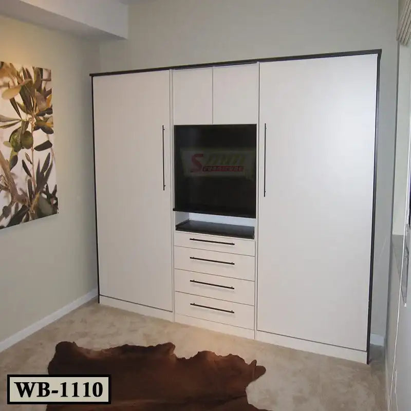 Modern wall bed with white cabinets, built-in drawers, and wardrobe in a bedroom setting