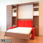 Modern Murphy wall bed with wood cabinets, red sofa, and built-in shelving, WB-1111