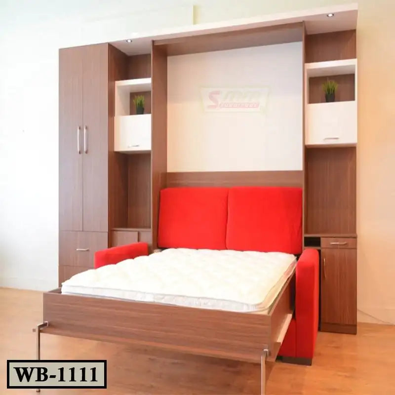 Modern Murphy wall bed with wood cabinets, red sofa, and built-in shelving, WB-1111