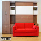 Murphy wall bed with wood cabinets and bright red sofa in modern living room