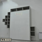 Modern white Murphy wall bed with grey shelving and storage set against a plain wall