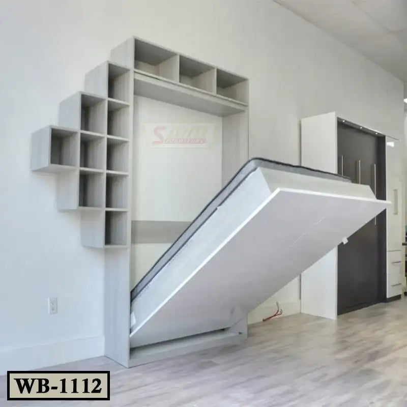 Modern wall bed with shelving unit in minimal bedroom, partially unfolded for space saving.