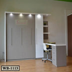 Modern Murphy wall bed with built-in desk, shelving, and spotlight lighting in home office.