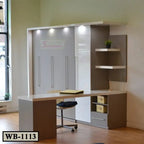 Modern Murphy wall bed with integrated desk, storage drawers, and floating shelves in a bright room