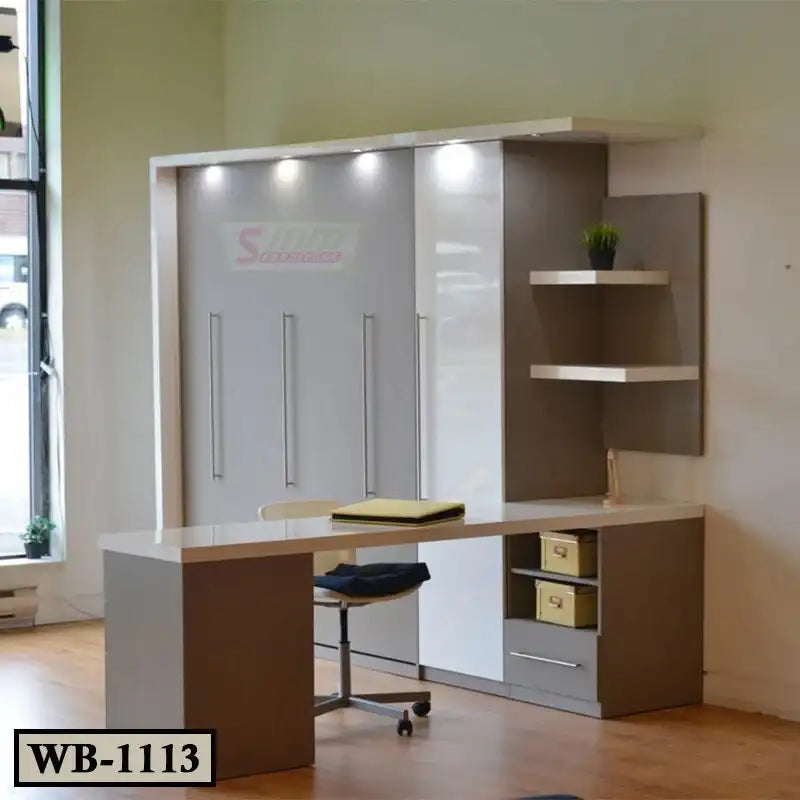Modern Murphy wall bed with integrated desk, storage drawers, and floating shelves in a bright room