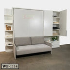 Modern Murphy wall bed with gray sofa, white shelves, and open storage cabinet